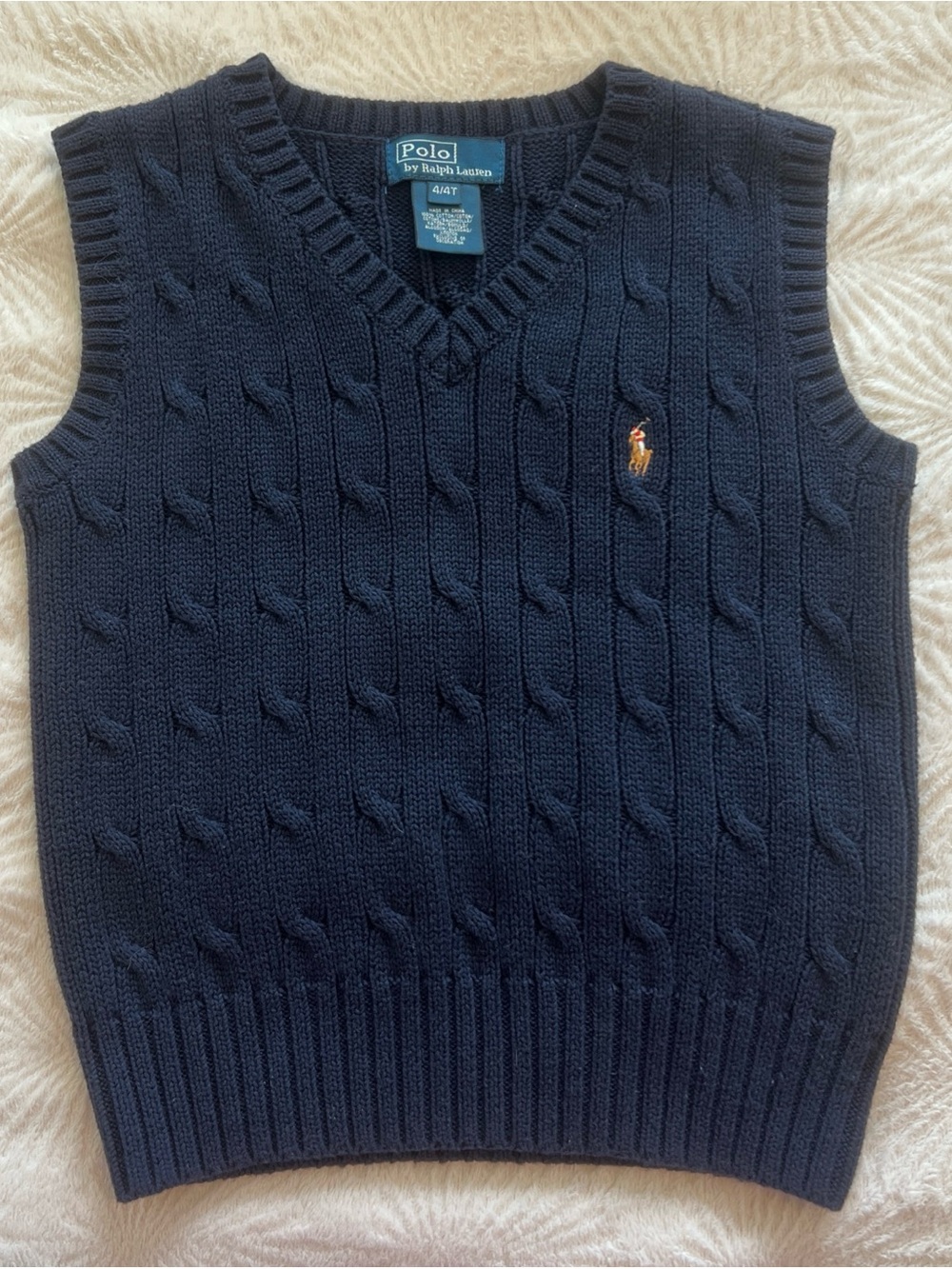 Polo by Ralph Lauren Kid Boy's 4/4T Navy Cable-Knit V-Neck Sweater Vest GREAT